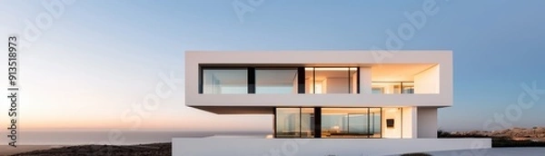 Fototapeta Modern architectural design of a pristine white house overlooking a serene landscape during sunset.