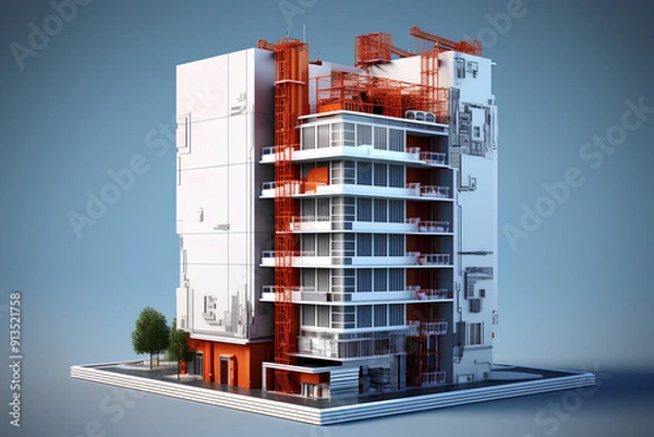 Obraz Concept of construction. High-rise building with insulated facade. drawings with a plan and building materials near the building. 3d illustration 