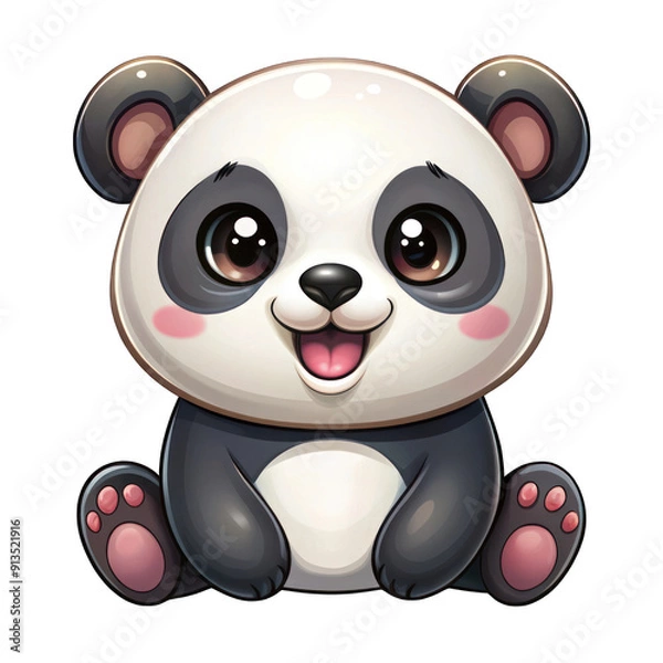 Fototapeta Happy cute kawaii panda isolated on transparent background