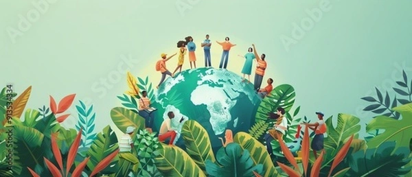 Fototapeta Diverse group of people standing on a globe, surrounded by plants, symbolizing unity and diversity