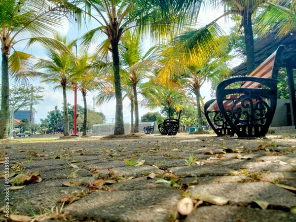 Obraz Ground-level perspective of a garden scattered with fallen leaves, featuring palm trees and black metal benches, evoking a serene park atmosphere in gentle morning or afternoon light.