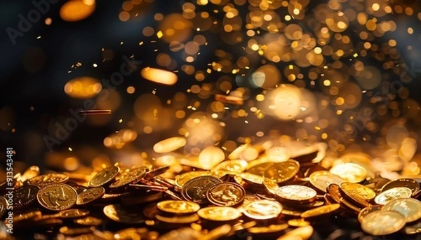 Fototapeta Pile of gold coins being showered with more coins