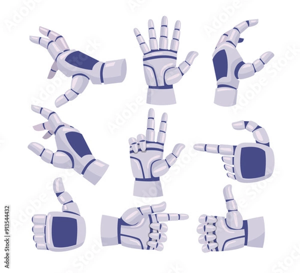 Obraz Set of Robot hand set collection, robot mechanical arm with various gesture, artificial intelligence concept, cyborg hands, digital futuristic technology, bionic robotic finger, automation control.