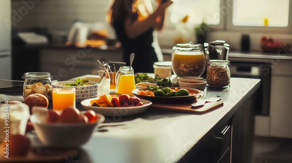 Fototapeta Bright and Inviting Breakfast Spread with Fresh Fruits and Juice