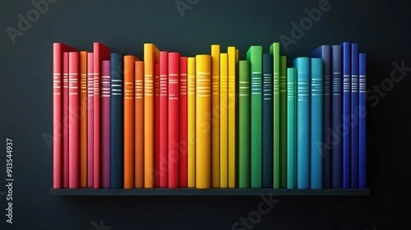 Obraz Vibrant Bookshelves Displaying Colorful Books Arranged in Rainbow Order Against Dark Background