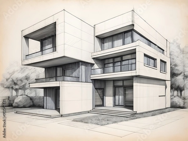Fototapeta contemporary architectural sketch with pencil and markers of a house facade technical drawn background