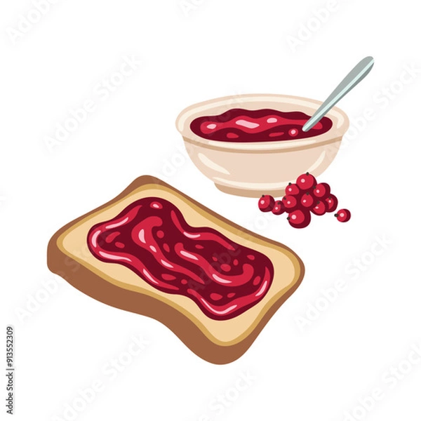 Fototapeta Vector isolated element. Toast with berry jam. A bowl of jam. Berry jam. Color image on a white background. The print is used for packaging design.