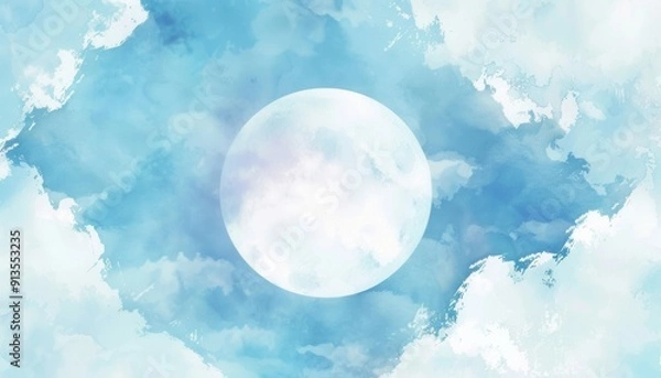 Fototapeta Calm Blue Sky Surrounded by Soft Clouds With a Bright Moon at Dusk