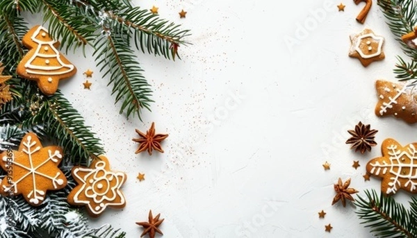 Fototapeta Festive Gingerbread Cookies Surrounded by Pine Branches and Star Anise During Holiday Season