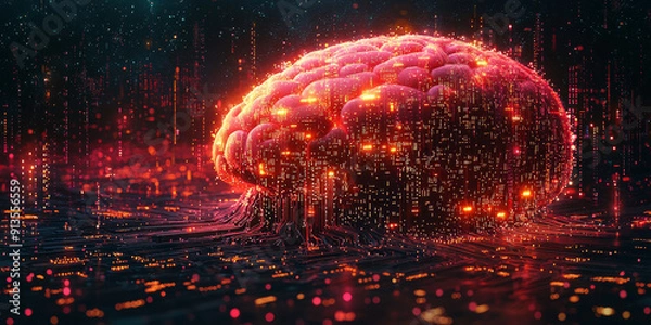 Fototapeta Abstract brain and binary code circuit on blue wallpaper. Chip, data, ai, and future concept