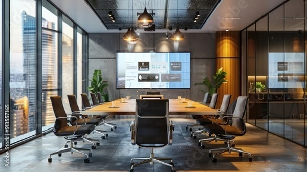 Fototapeta Modern meeting room with large interactive touch screens for presentations and video conferencing.