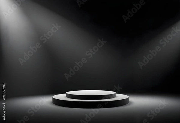 Fototapeta A dramatic and minimalist scene featuring a two-tiered circular podium in the foreground, with a smaller white circular platform sitting atop a larger black base.