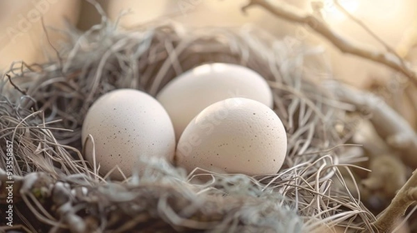 Fototapeta Natural lighting highlighting duck eggs in a serene setting, representing diversity and tranquility