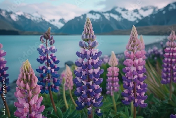 Fototapeta Landscape of beautiful purple and pink lupins flowers at Lake Flornota, New Zealand with snowcapped mountains in the background. Shot on Canon EOS R5 camera with an aperture setting of f8