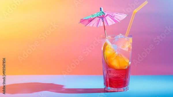 Fototapeta Refreshing Tropical Drink With Umbrella and Orange Slice Against Colorful Sunset Background