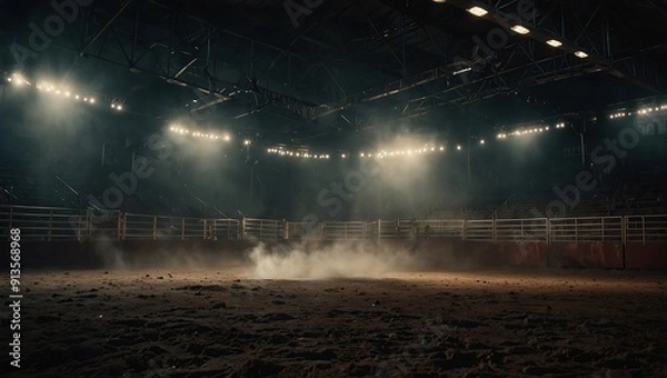 Fototapeta Desolate rodeo arena illuminated by bright lights and lingering smoke. Concept Rodeo Arena, Bright Lights, Smoke, Desolate Setting