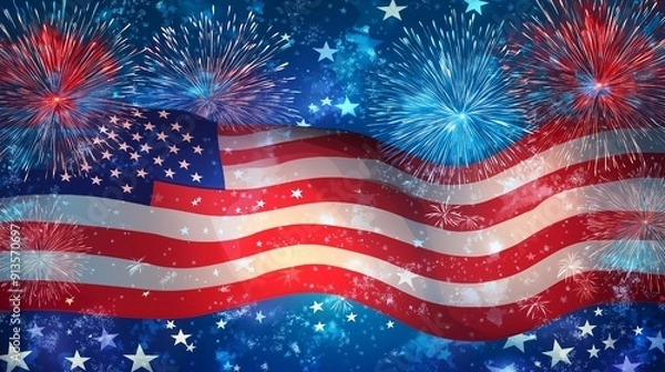 Fototapeta Happy Independence Day banner design featuring the USA flag and fireworks background. Suitable for 4th of July celebrations and patriotic events. 