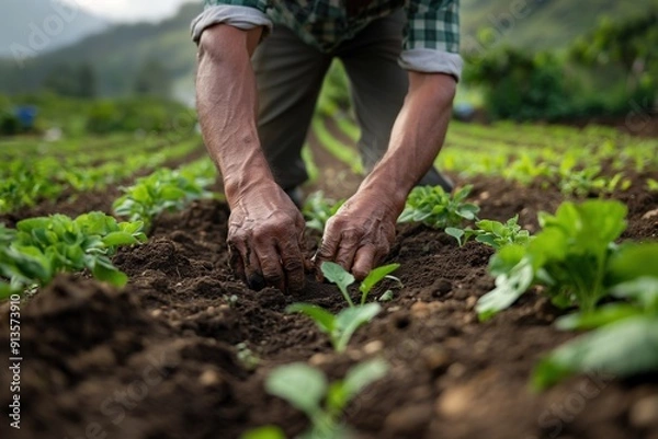 Fototapeta Close-up of farmer's hands tending to young plants in a field.