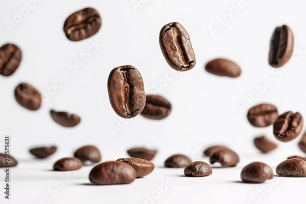 Fototapeta Floating coffee beans on white background, dynamic movement.