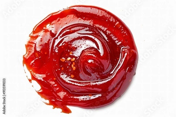 Fototapeta Spicy sauce stains splashed or floating top view over white background