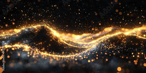 Fototapeta Abstract glowing particle lines and bokeh on a dark backdrop, conveying a futuristic technology concept