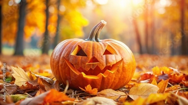 Obraz Jack-o'-lantern in Autumn Leaves.