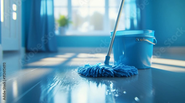 Fototapeta Closeup of a modern mop and bucket on a gleaming clean floor photo advertisement style perfect studio lighting and positive emotion colors clean up housekeeping maid house cleaning service copy space