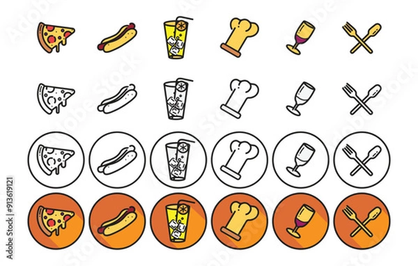Fototapeta  Fast food web icons. Restaurant icon set. Black and White icons. Colorful icons. Vector Illustration.