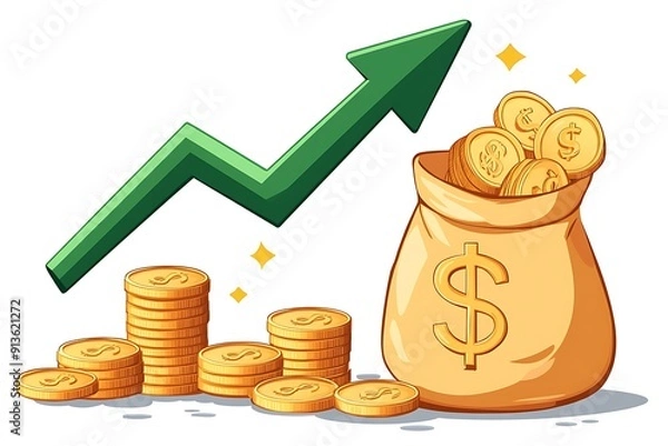 Fototapeta illustration of pile coins and bags with money and growing arrow on transparent background, ready to use. Business concept.