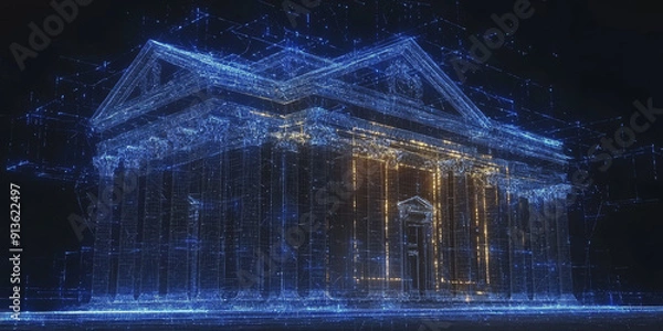 Fototapeta Blue neon glowing outline of a bank building on a dark abstract background, concept of finance and technology