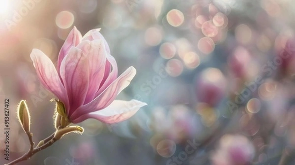 Fototapeta beautiful magnolia flowers, buds appearing out of focus on beautiful background