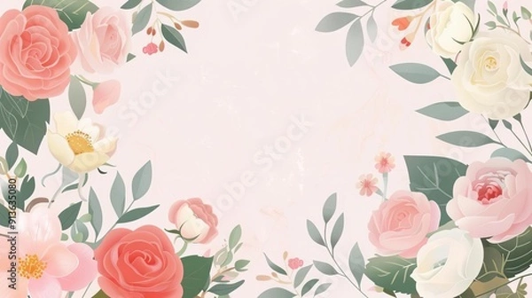 Fototapeta Frame of roses, empty center, simple modern clean background, flat design illustration