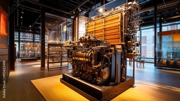 Obraz Wide-angle shot of Charles Babbage is mathematical engine in a museum setting, highlighting the complex array of mechanical parts and the historical ambiance of the exhibit, 