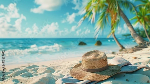 Fototapeta Beach accessories straw hat, towel on sunny tropical Caribbean beach with palm trees and turquoise water, caribbean island vacation, hot summer day. copy space for text.
