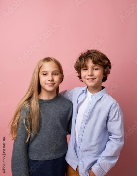 Fototapeta Retrato fotográfico de dos niños pequeños abrazándose en un estudio con un fondo rosa sonriendo