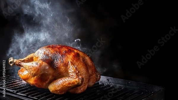 Obraz Large whole chicken on the grill with smoke rising from underneath showcasing the grilling process, cooked poultry, barbecue scene, food preparation