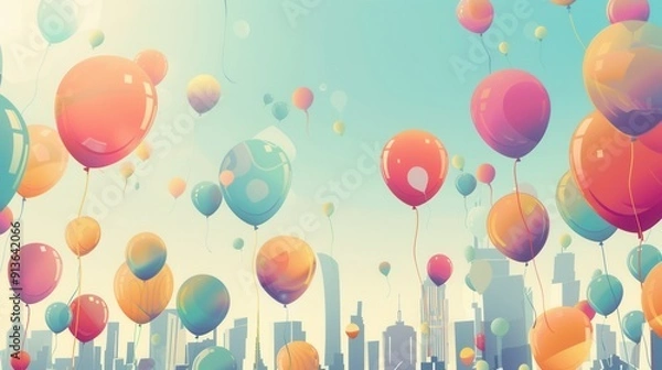 Fototapeta Brightly colored balloons float above a lively city festival, creating a joyful atmosphere as attendees enjoy the festive spirit and sunny weather. Generative AI