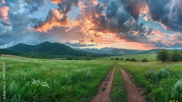 Fototapeta Mountain Landscape with a Dirt Road Leading Through a Green Field at Sunset