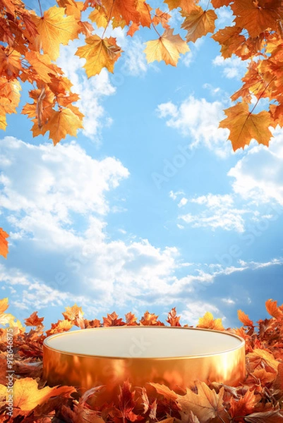 Obraz Empty golden product display podium surrounded by autumn leaves against blue sky with clouds 