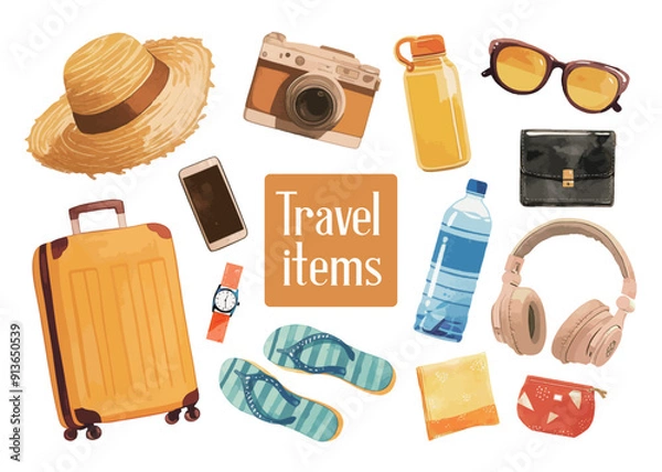 Obraz 水彩で描いた旅行の持ち物のイラスト