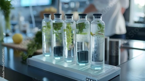 Fototapeta Hydroponic Herb Garden: Fresh herbs thrive in a modern kitchen, growing hydroponically in sleek glass containers, epitomizing sustainable living and culinary innovation.