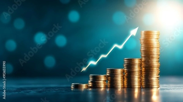 Fototapeta Stacks of Coins with Upward Growth Arrow