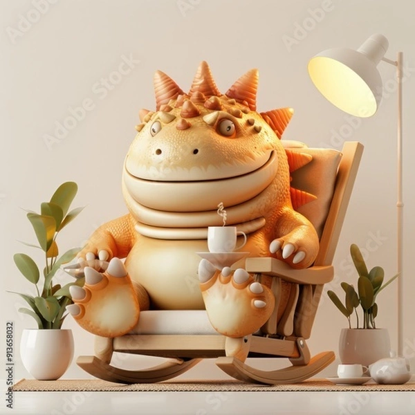 Fototapeta 3d , cute chubby fluffy Ankylosaurus , a contented expression, Lying on the rocking chair , drink hot tea , smooth white gradient background, cartoon style, minimalism,Canon camera , studio light.
