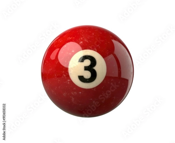 Fototapeta A close-up of a red billiard ball with the number three, isolated on a white background. The ball is glossy and has a slightly textured surface.