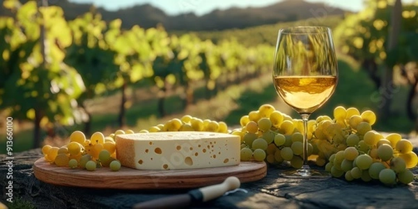 Fototapeta Cheese and grape platter with a glass of wine in a vineyard setting