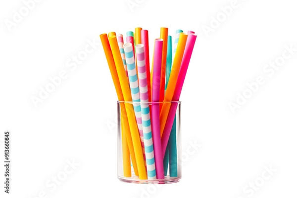 Obraz Colorful Reusable Straws in a Clear Glass Jar on a Bright Sunny Day on Transparent PNG Background.