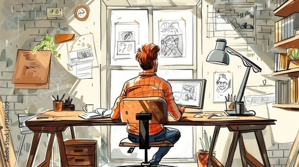 Fototapeta Man Working in Home Office