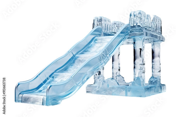 Fototapeta A Stunning Ice Slide Nestled Among Chiseled Ice Structures in Bright Daylight on Transparent PNG Background.
