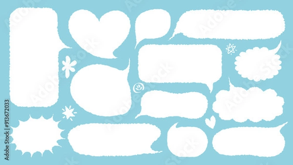 Fototapeta Set of hand drawn style cute memo sticker with blue background. Variety abstract shapes of white speech bubble. Crayon draw style frame . Chat box balloon cloud.Retro blank label tag vector for text