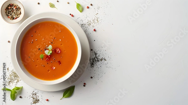 Obraz soup in a bowl on white background, top view, copy space for text